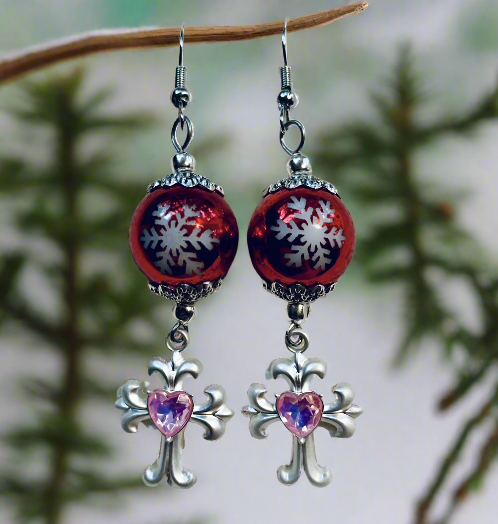 Acrylic Red/Snowflake Cross Charm Earrings