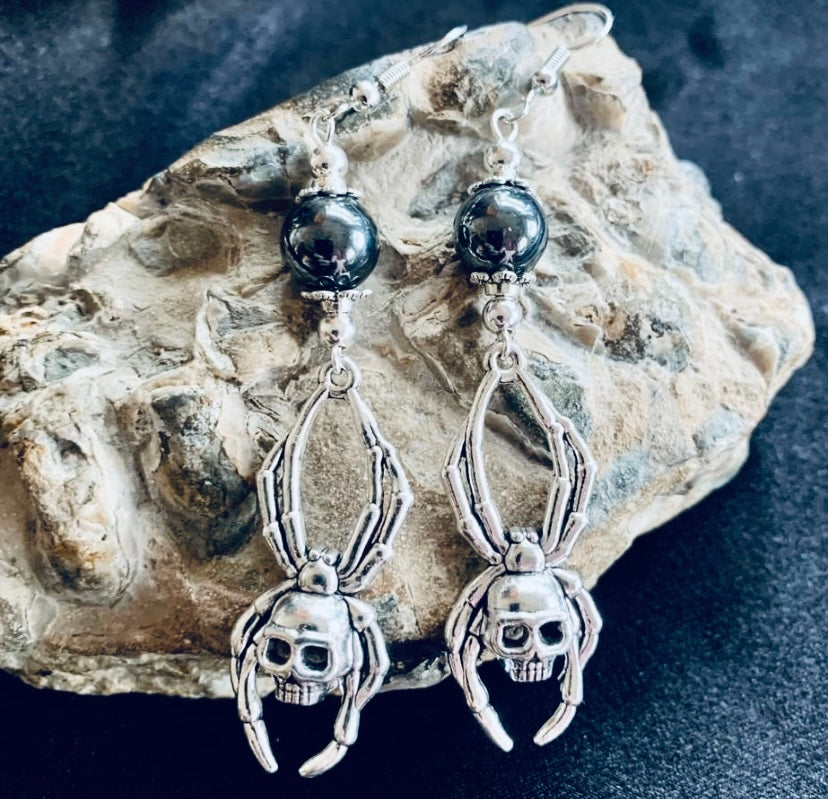 Hematite/Skull & Spider Charm Earrings