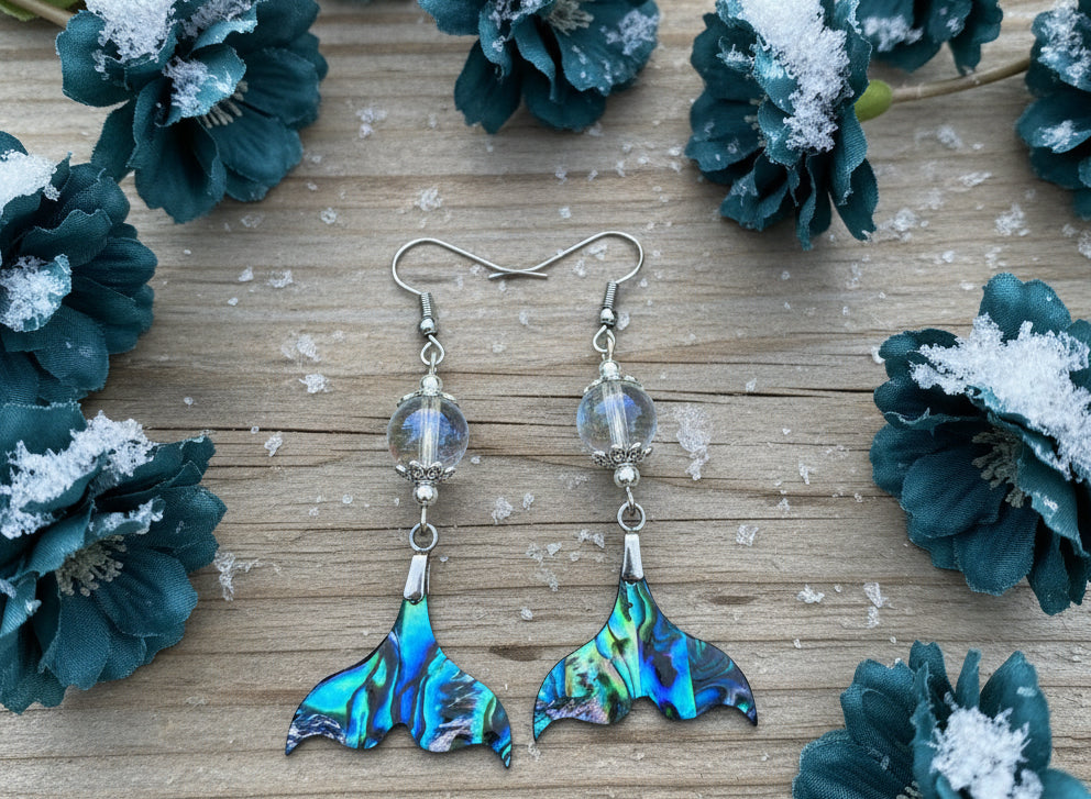 Abalone Whale Tail Earrings with Mermaid Glass Beads
