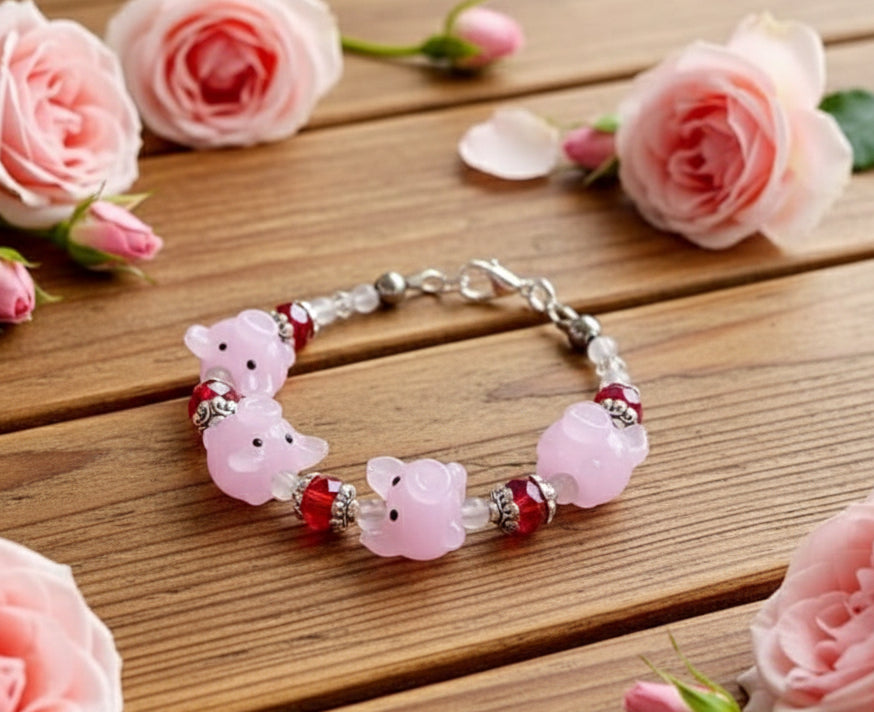 Glass Pig/Magenta Glass Bead Bracelet