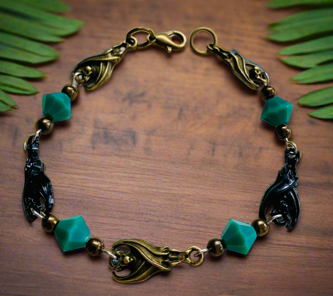 Antiqued Bronze/Black Bat Connector/Teal Bead Bracelet