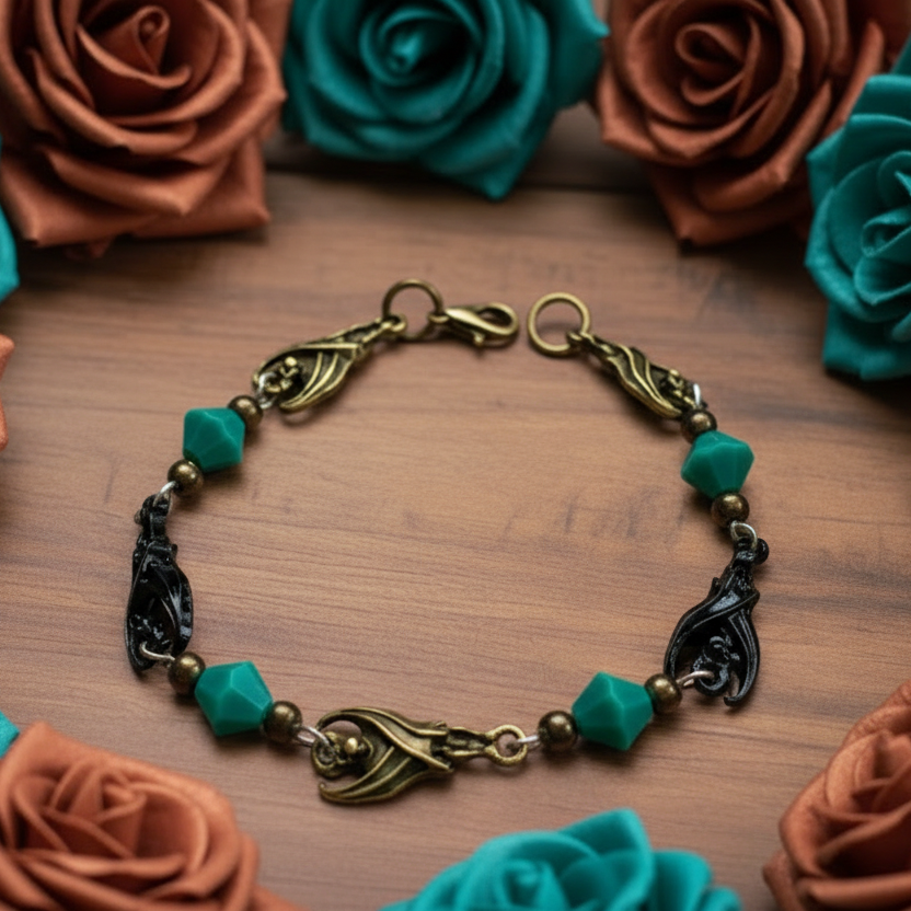 Antiqued Bronze/Black Bat Connector/Teal Bead Bracelet