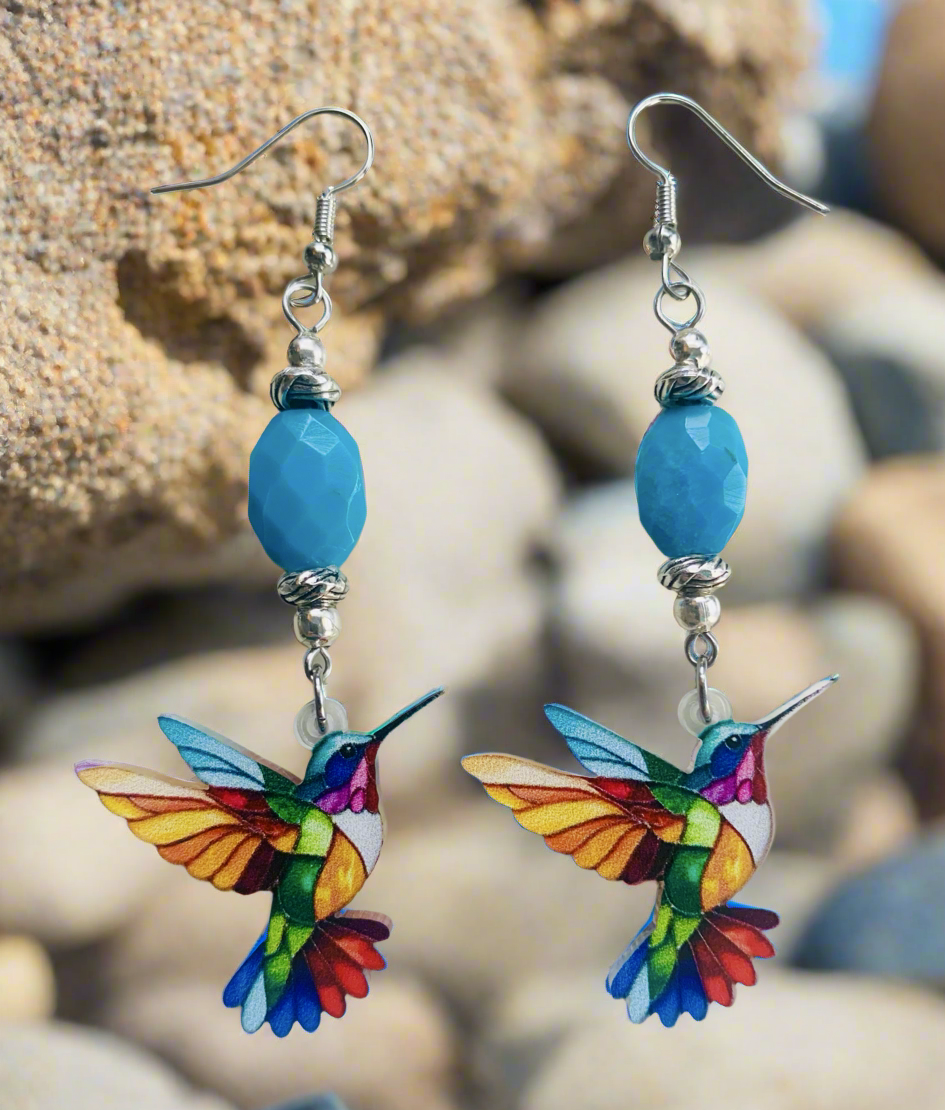 Acrylic Hummingbird/Turquoise Bead Earrings