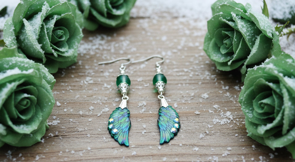Acrylic Butterfly Wing Earrings with Green Mermaid Glass Beads