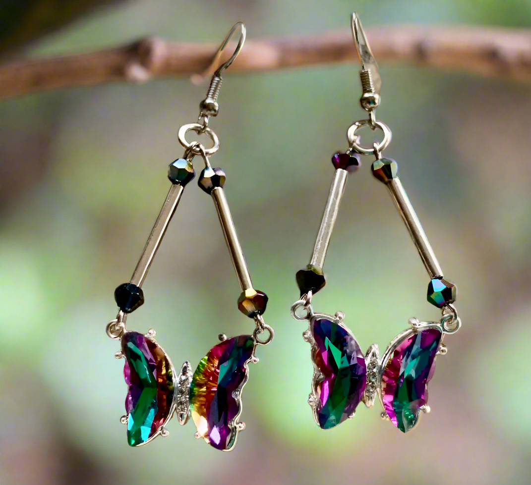 Gold Finished AB Vitrail Butterfly Connector Earrings