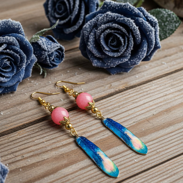 Enameled Feather Earrings with Dyed Jasper Beads