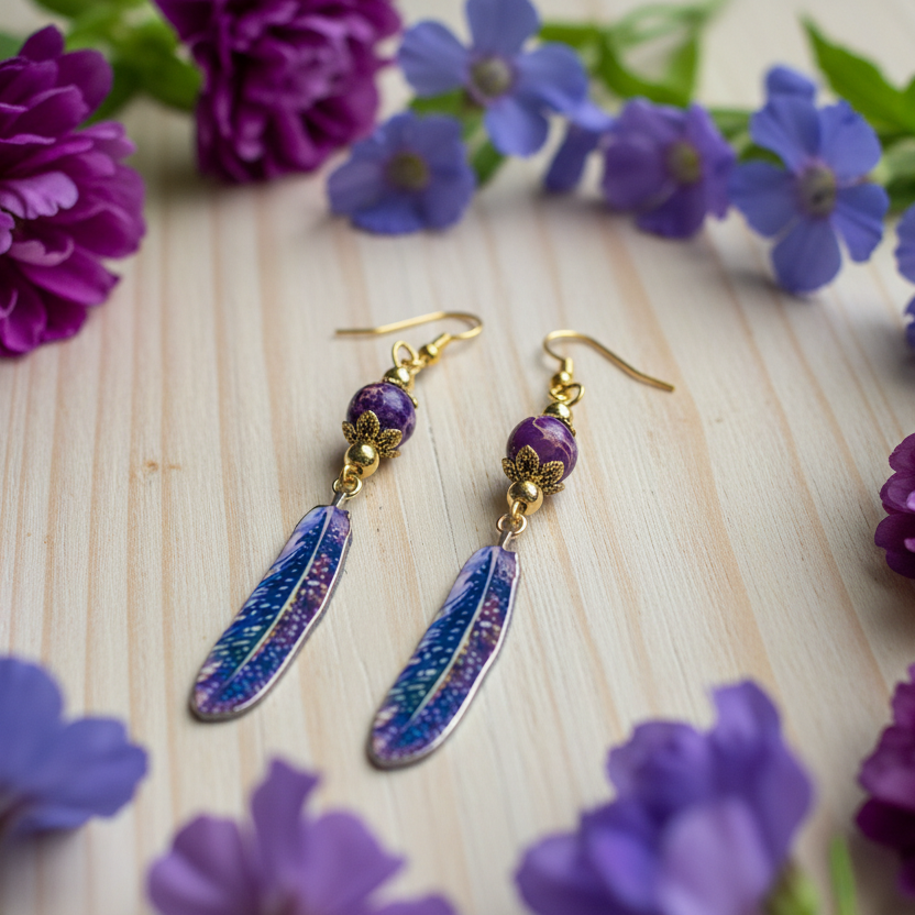 Enameled/Brass Feather with Crackled Glass Beads