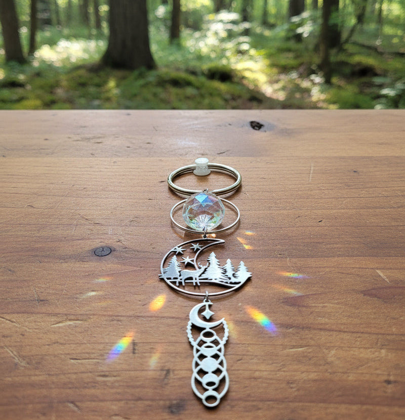 Rearview Mirror SunCatcher with Crystal Ball Prism & Moon Phase/Wilderness Charms