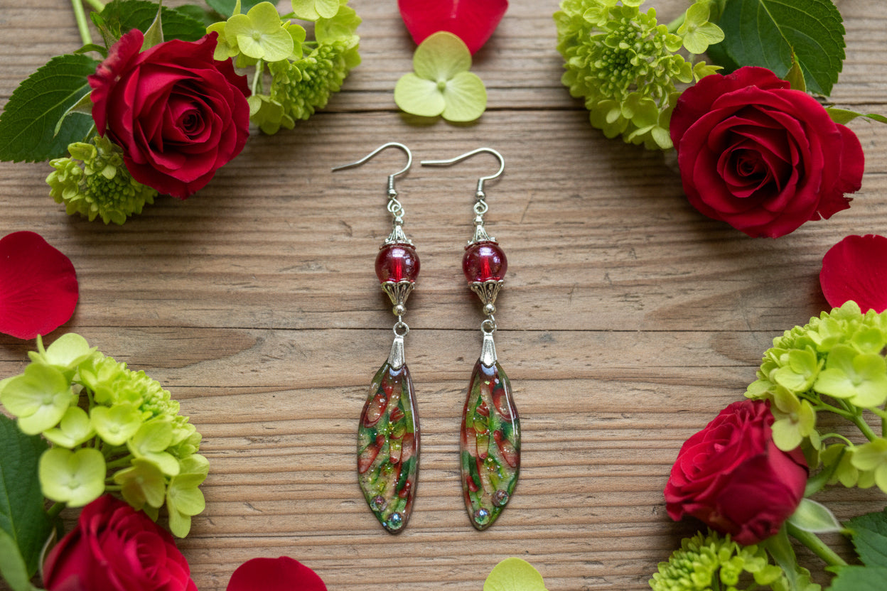 Acrylic Butterfly Wing Earrings with Red/Silver Glass Beads