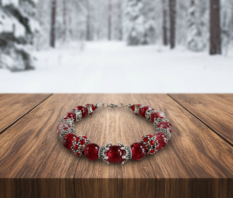 Tibetan Silver/Rhinestone Spacers with Red Crackle Glass Bead Bracelet