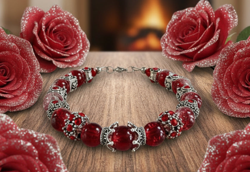 Tibetan Silver/Rhinestone Spacers with Red Crackle Glass Bead Bracelet