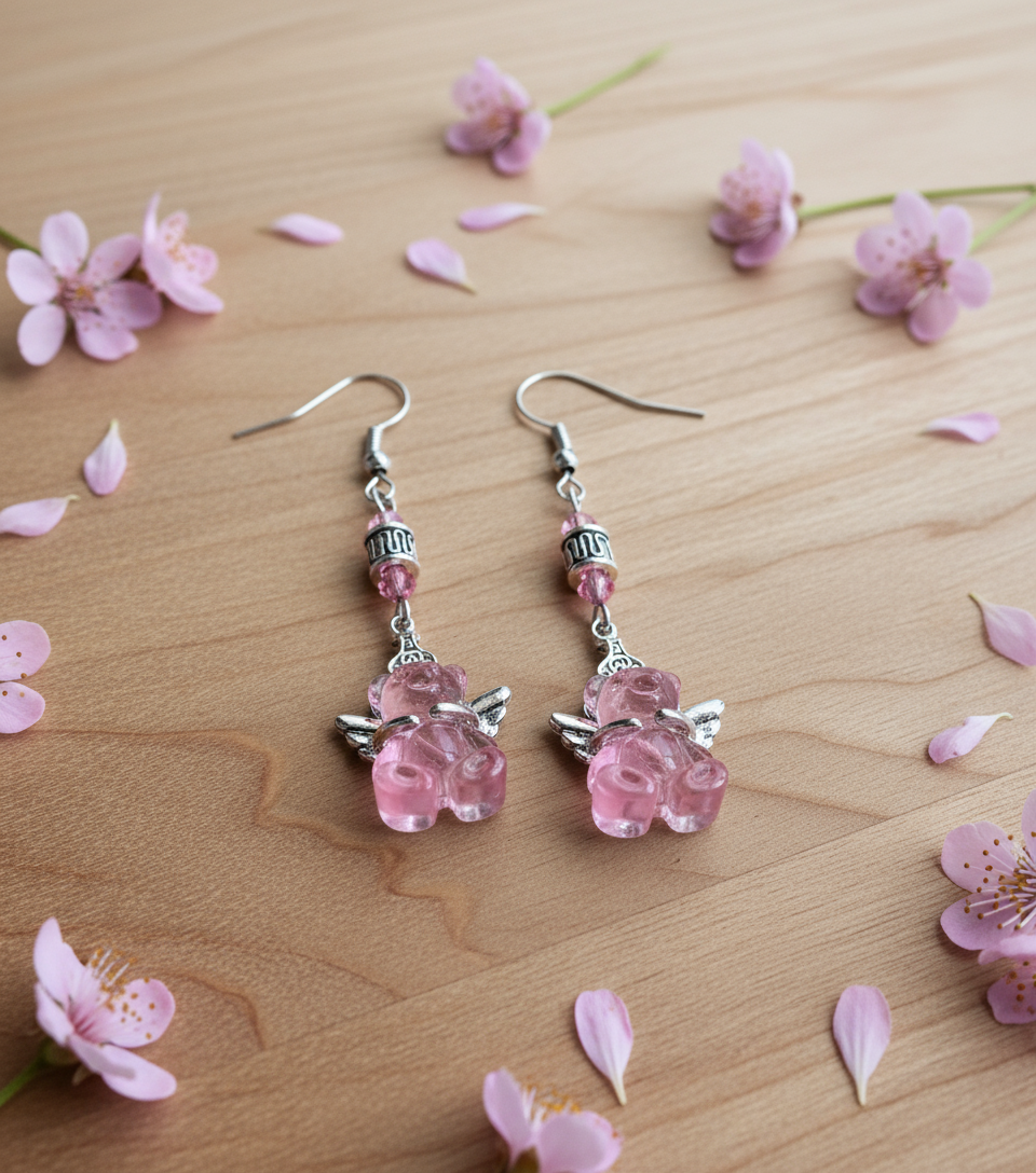 Ocean Blue Pink Glass Bear Earrings