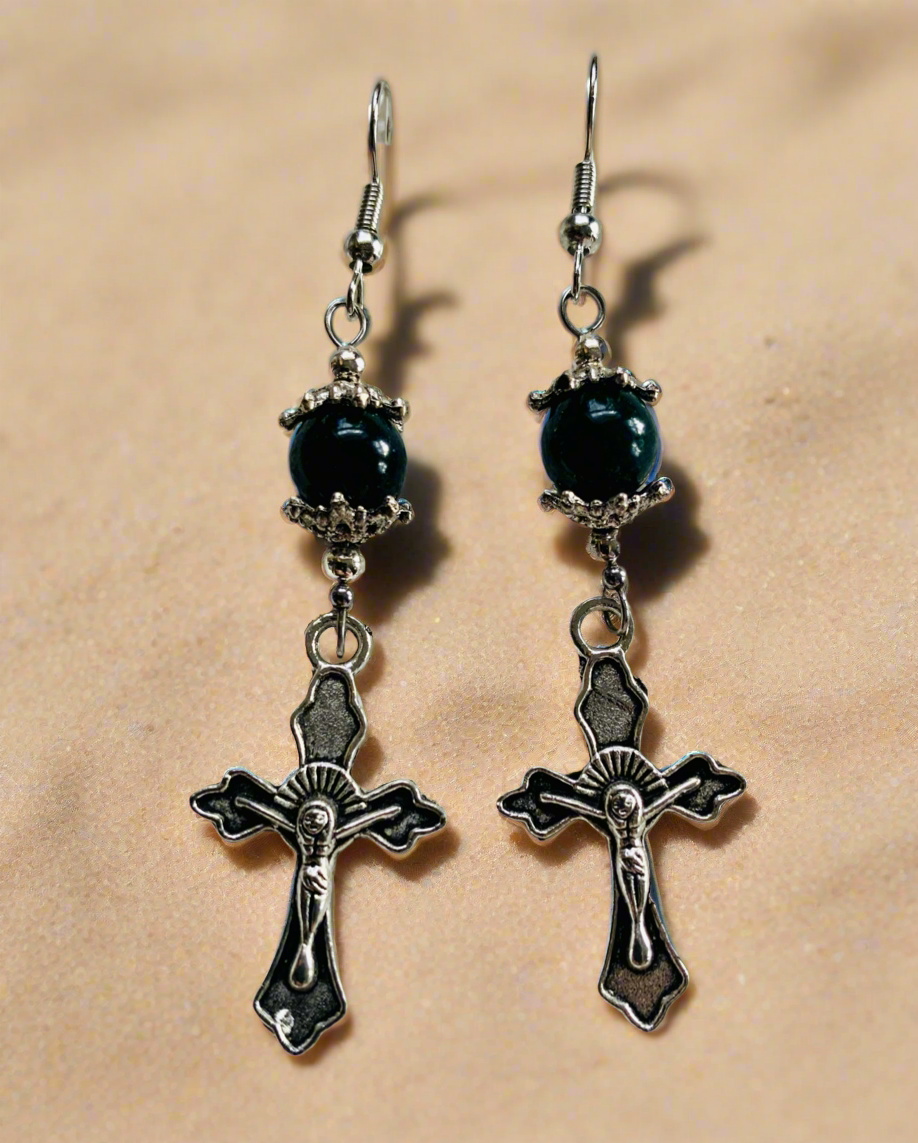2 Pairs: Cross Charm Earrings with Jasper Stone Beads