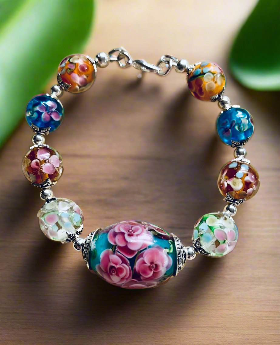 Floral Lampwork Glass Bracelet