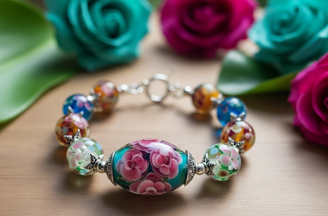 Floral Lampwork Glass Bracelet