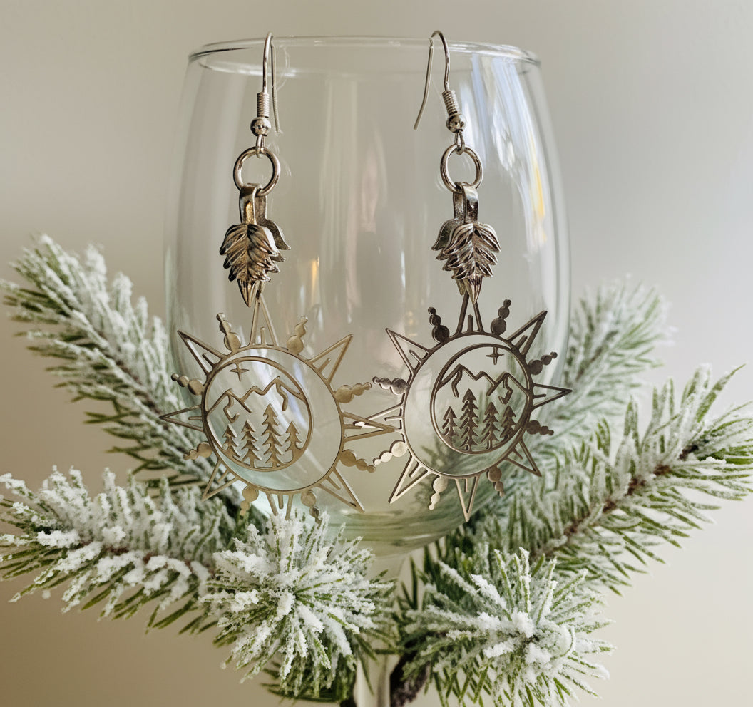 Sun/Evergreen Trees/Mountain Charm Earrings
