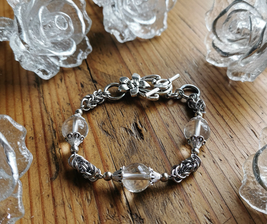 Clear Quartz Bead Bracelet with Byzantine Chainmaille Spacers