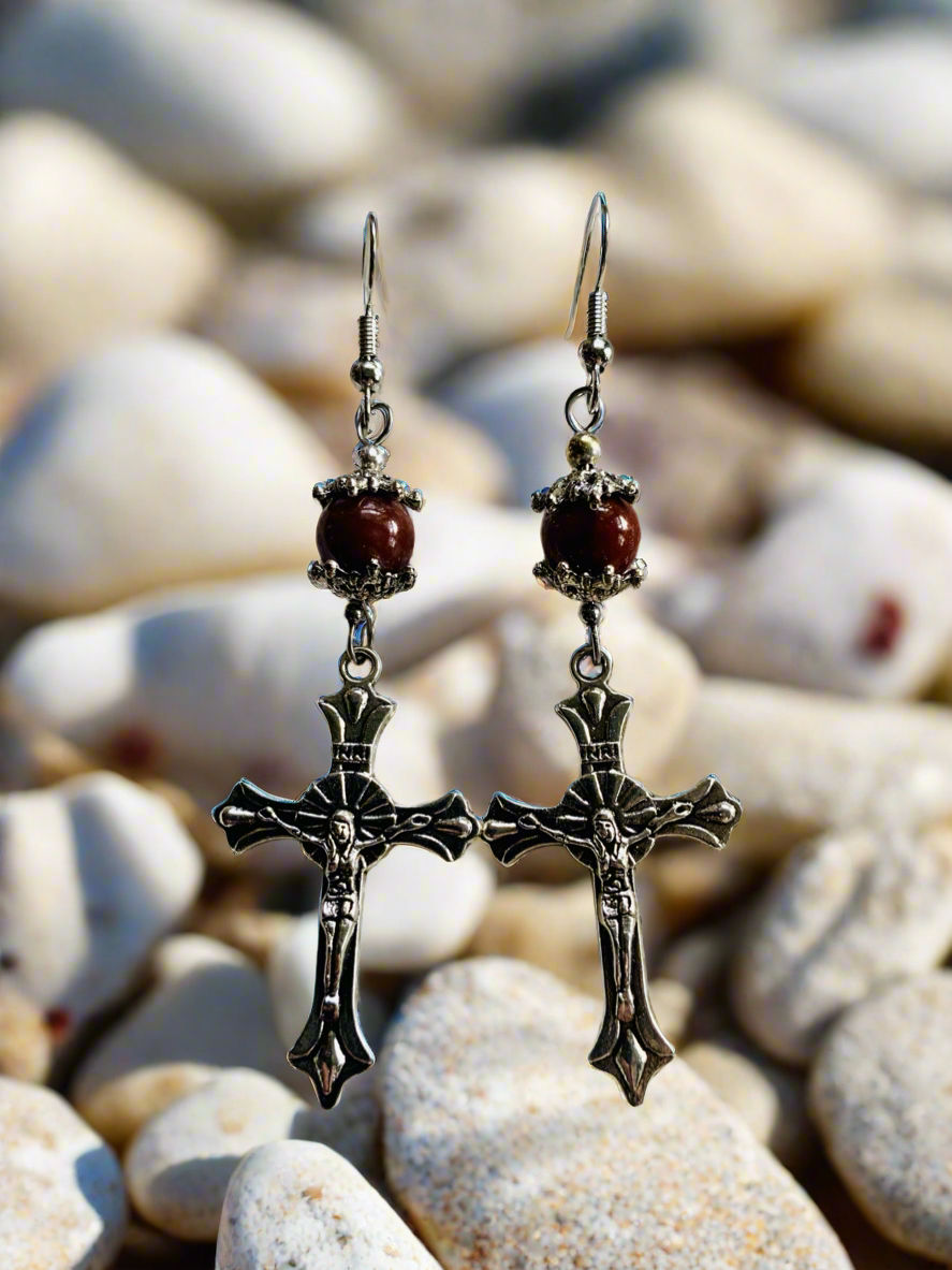 2 Pairs: Cross Charm Earrings with Jasper Stone Beads