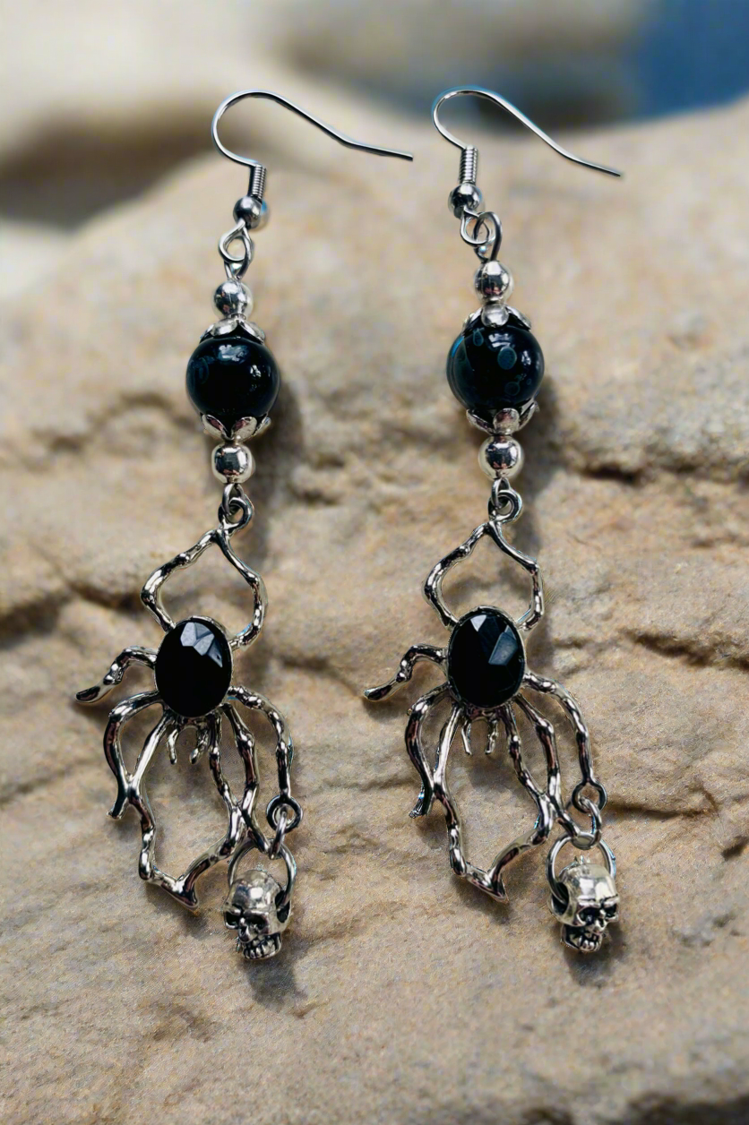 Spider Charm Earrings with Skulls
