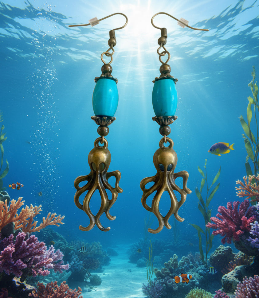 Turquoise Stone Bead/Bronze Octopus Charm Earrings