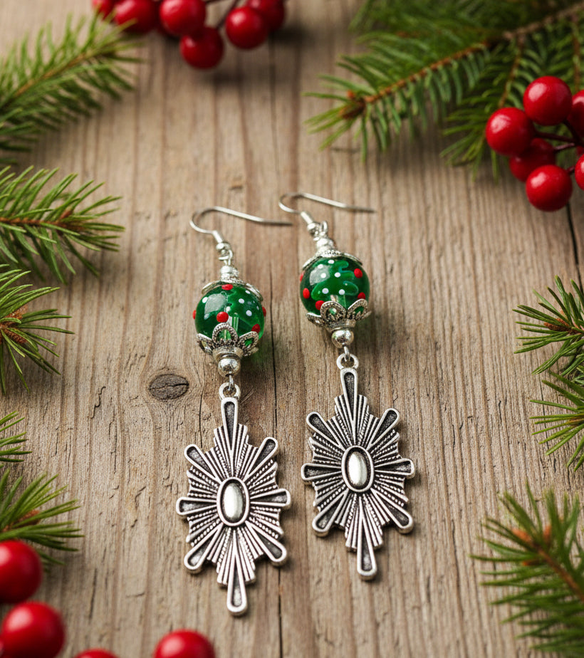 Glass Christmas Tree Bead/Tin Alloy Star Earrings