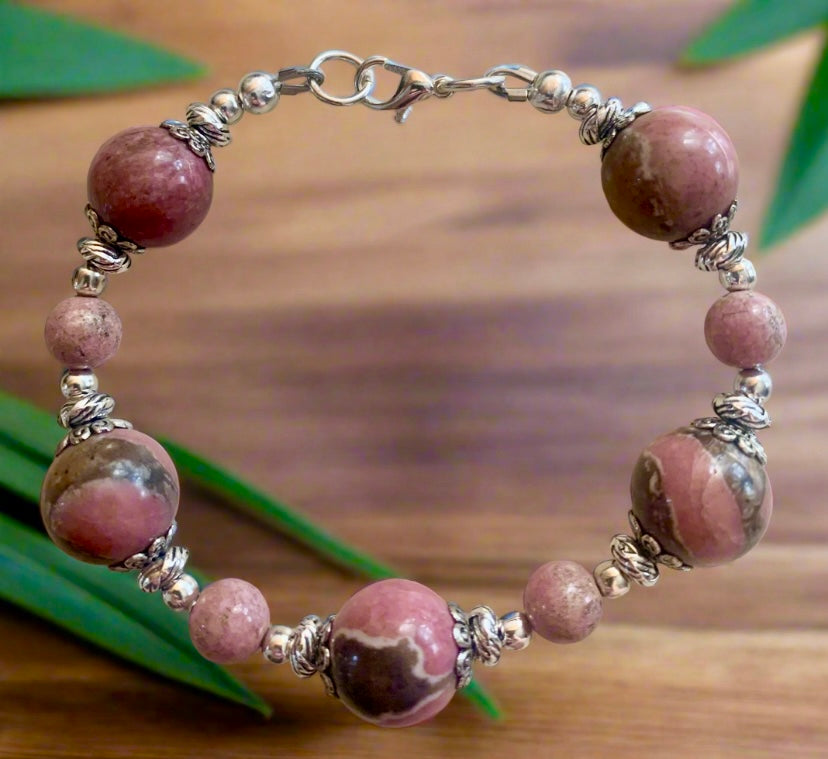 Rhodonite Gemstone Bead Bracelet