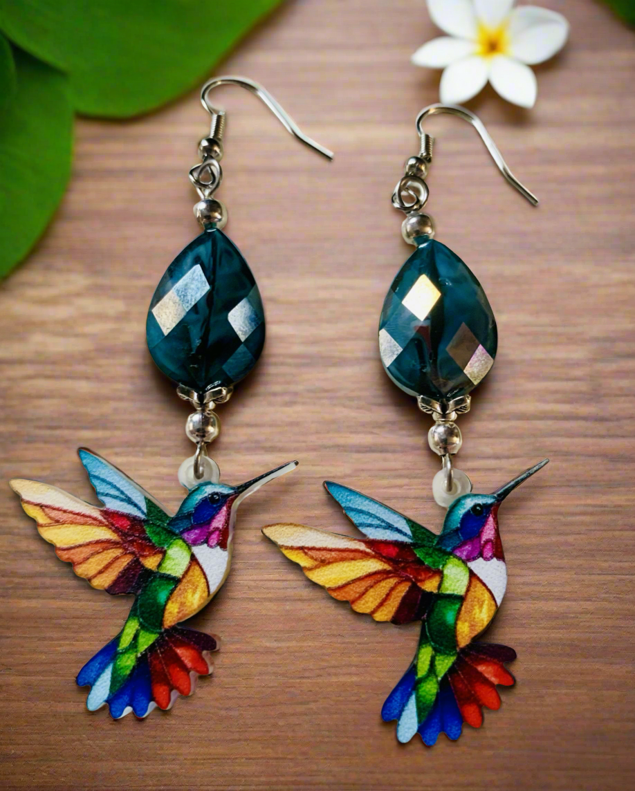 Acrylic ‘Stained Glass’ Hummingbird Earrings