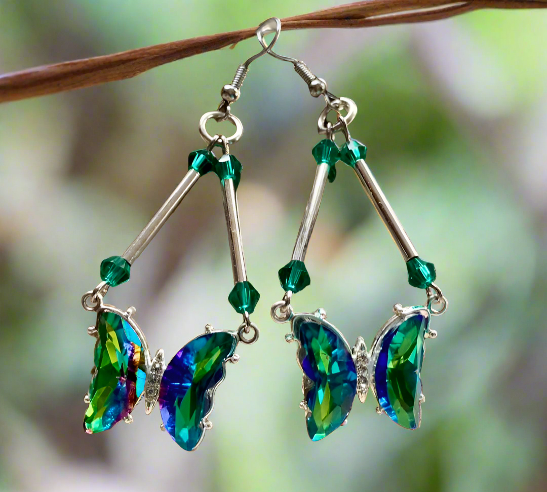 Gold Finished AB Vitrail Butterfly Connector Earrings