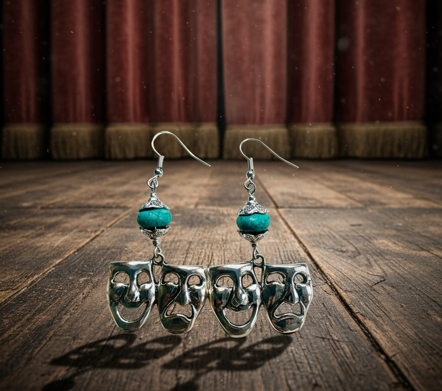 Tragedy/Comedy Mask Earrings with Turquoise Beads