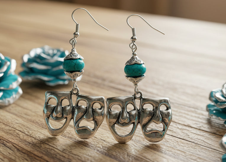 Tragedy/Comedy Mask Earrings with Turquoise Beads