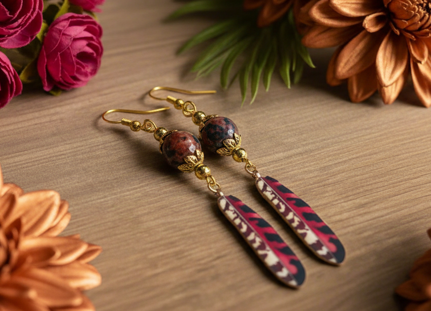 Enameled/Brass Feather Earrings with Lacy Agate Gemstone Beads