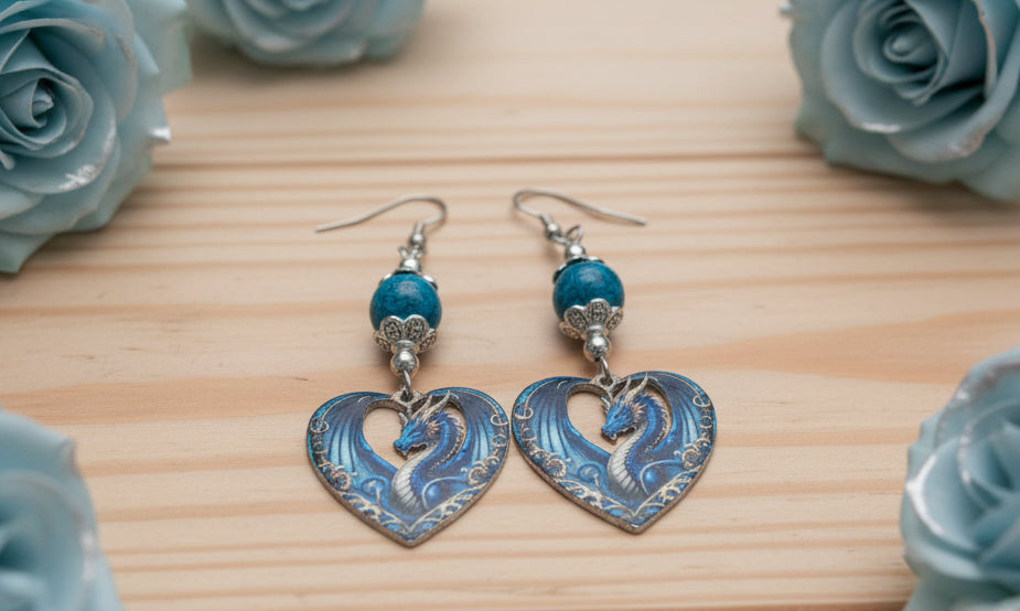 Blue Sky Jasper/Acrylic Heart Dragon Earrings
