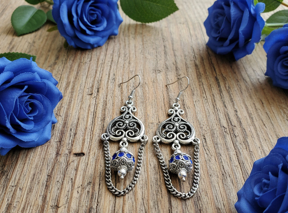 Chandelier Earrings with Tin Allow/Blue Rhinestone Beads