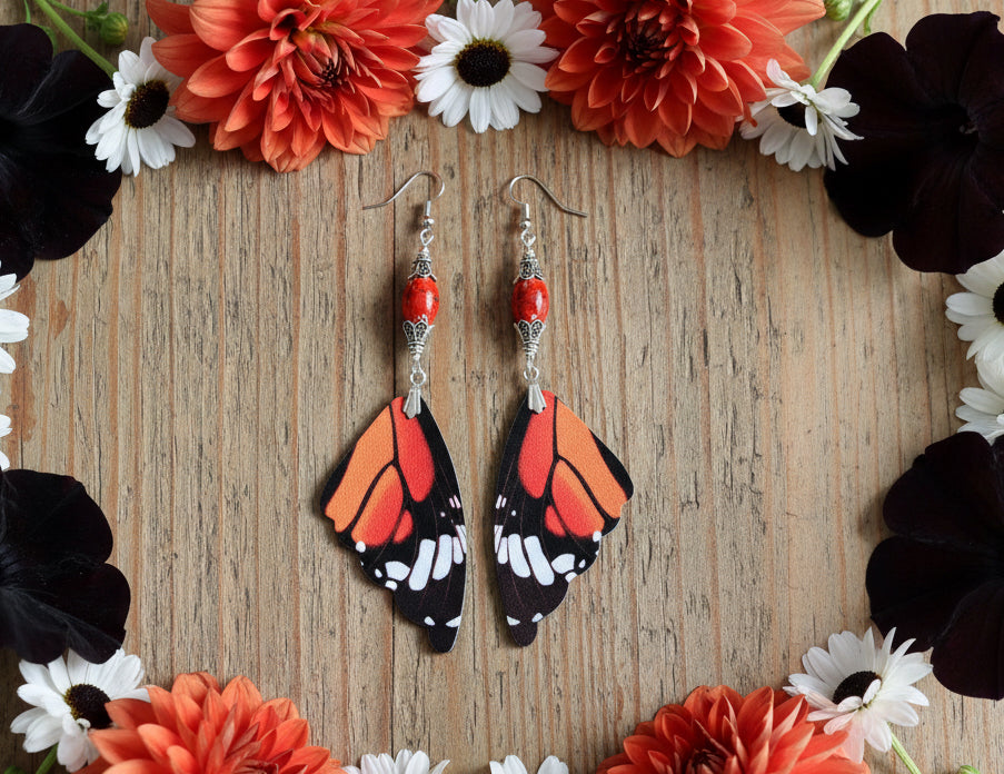 Orange Leather Butterfly Wing Earrings