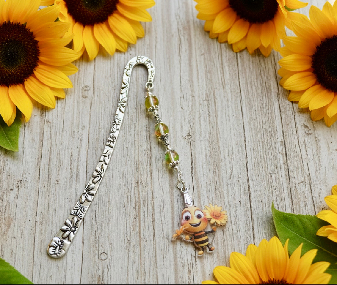 Whimsical Acrylic Bumble Charm with Stainless Steel Patterned Bookmark