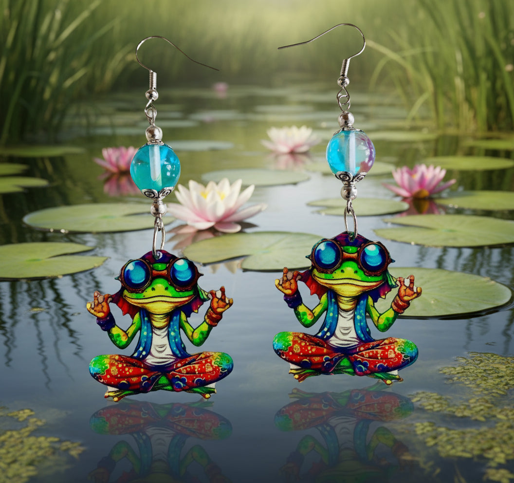 Groovy Acrylic Frog Earrings with Bermuda Blue Mermaid Glass Beads