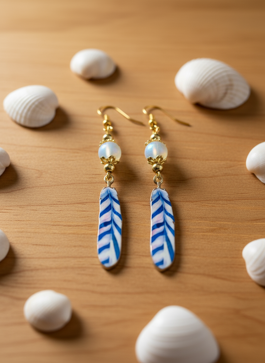 Enameled/Brass Feather Earrings with Sea Opal Mermaid Glass Beads