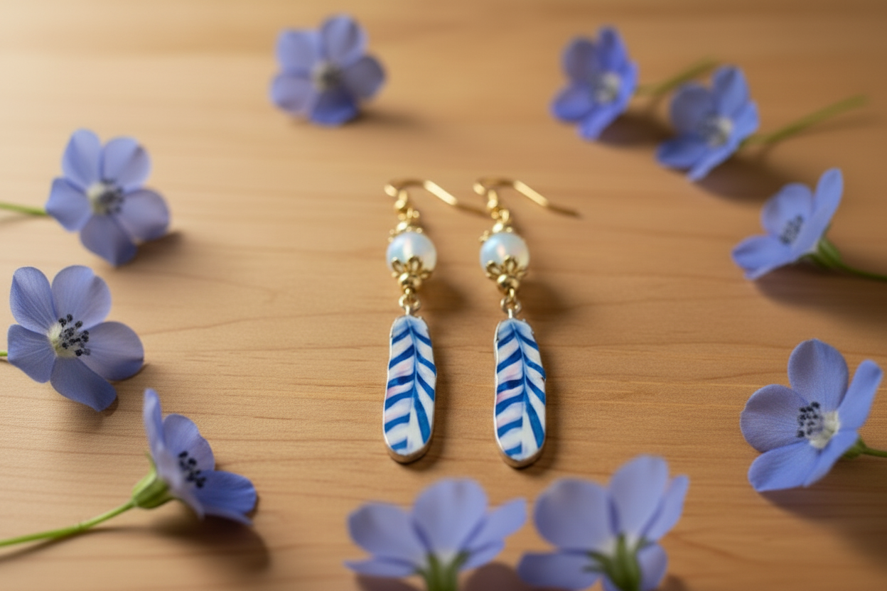 Enameled/Brass Feather Earrings with Sea Opal Mermaid Glass Beads