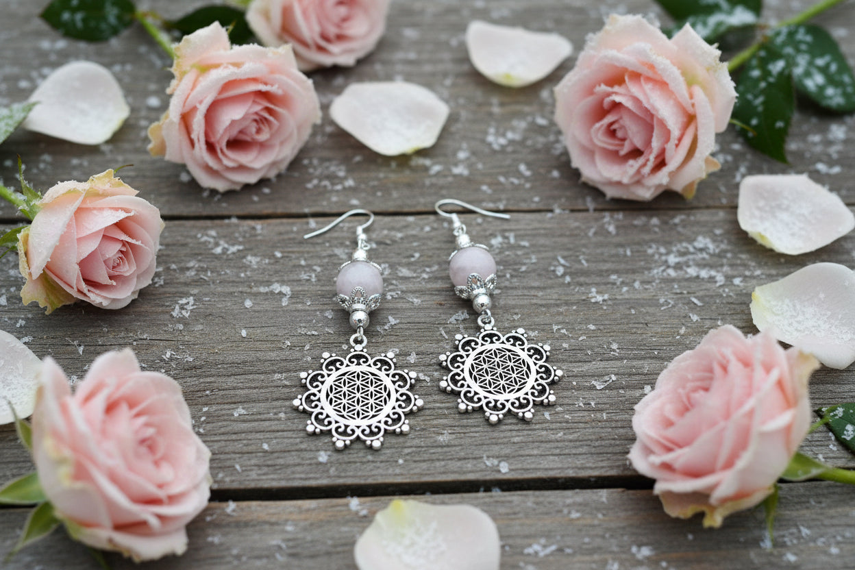 Flower of Life Charm Earrings with Rose Quartz Beads