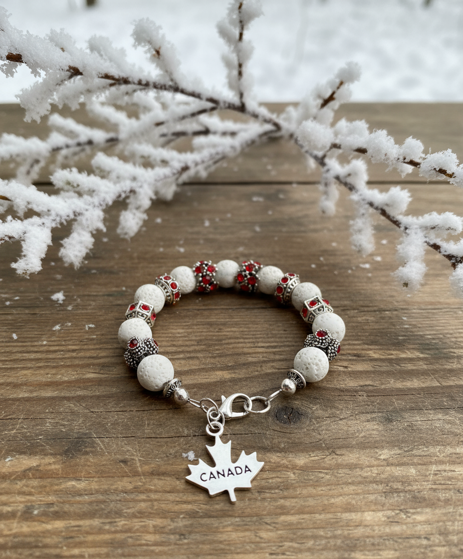 White Lava Rock/Tin Alloy with Red Rhinestone Spacers/Maple Leaf Charm Bracelet