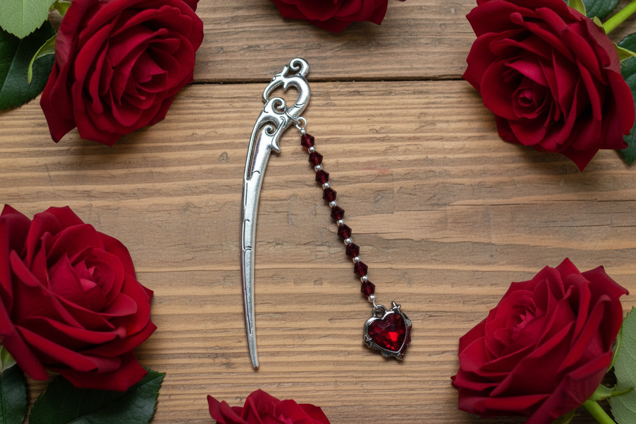 Mini-Bookmark with Heart Charm & Ruby Red Beads