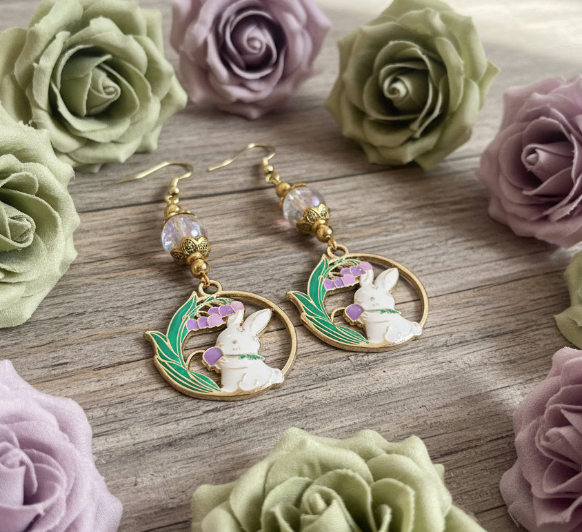 Bunny Charm Earrings with lavender Crackle Glass Beads