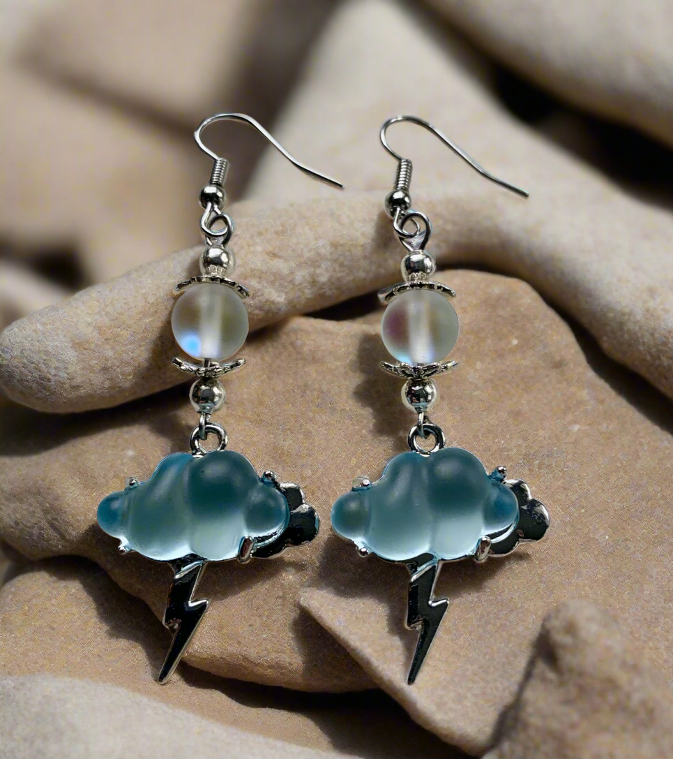 Blue Ocean Rhinestone Storm Cloud Charm Earrings