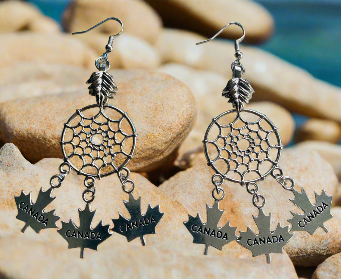 Dream Catcher earrings with Canada Maple Leaf Charms