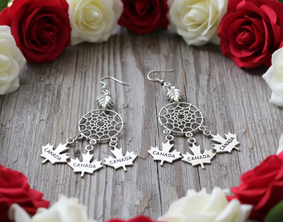 Dream Catcher earrings with Canada Maple Leaf Charms