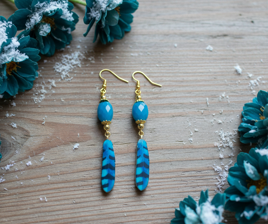 Enameled/Brass Feather Earrings with Turquoise Beads