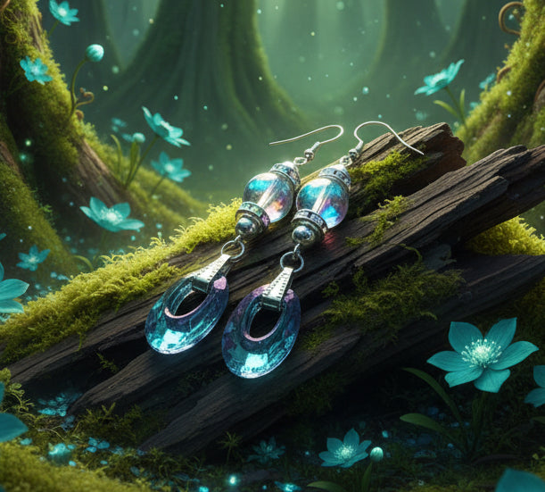 Teal/Pink Light-Reflecting Prism Earrings with Mermaid Glass Beads