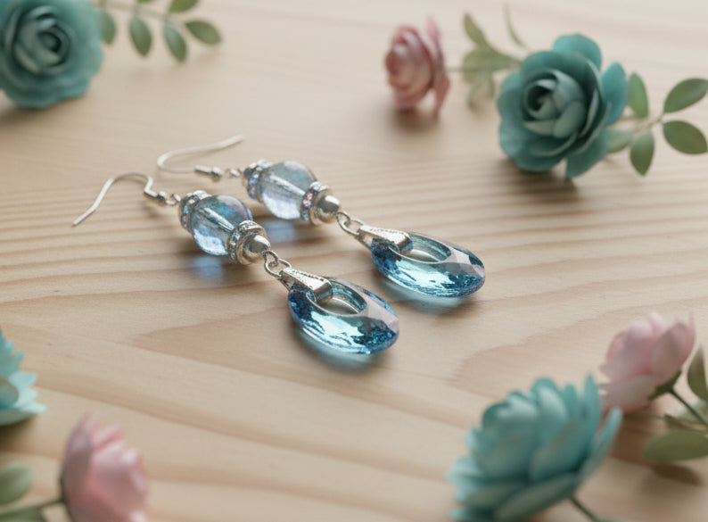 Teal/Pink Light-Reflecting Prism Earrings with Mermaid Glass Beads