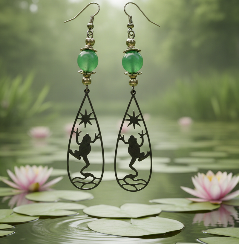 Tree-Frog Charm/Aventurine Gemstone Earrings
