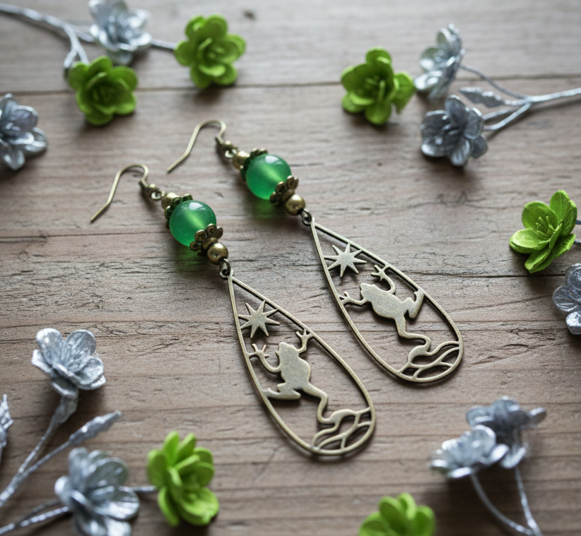 Tree-Frog Charm/Aventurine Gemstone Earrings